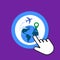 Earth with airplane icon. Traveling concept. Hand Mouse Cursor Clicks the Button
