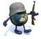 Earth with arms and legs, german helmet and rifle
