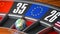 Earth as a ball of casino roulette with european union EU flag in winning number. Time of world leadership of EU and winning in