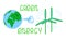 Earth blowing into wind generators, with lettering Green energy. Label, icon for Environment Day, Earth Day.