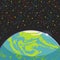 Earth - blue globe terrestrial exo planet on dark space stars background. Futuristic cartoon scenery. Vector space illustration