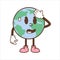 Earth character in trendy retro cartoon style. Unhappy globe icon feeling hot. Vintage planet mascot trendy sticker