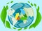 Earth with colorful recycling symbol. Caring for nature and preserving our planet concept