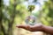 Earth crystal glass globe ball and growing tree in human hand, environment day concept. Sustainable development of natural