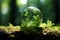 Earth Day. Beautiful Green Globe in Serene Forest with Lush Moss and Soft Abstract Sunlight