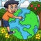 Earth Day Child Embracing Earth Colored Cartoon