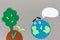 Earth Day concept. Cutted out of felt the planet Earth with emoticon and soil with a plant sprout and tree. Gray background. Flat