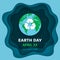 Earth Day concept. Earth planet in Space. Night sky background with stars and Earth globe with recycle sign.