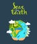 Earth day concept. Human hands holding floating globe in space. Save our planet. Flat style vector illustration