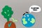 Earth Day. Cutted out of felt the planet Earth with emoticon and soil with a tree and plant sprout. Gray background. Flat lay. The