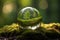 Earth Day. Green Globe in Serene Forest with Moss, Surrounded by Defocused Abstract Sunlight