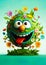 Earth Day. Green planet earth with eyes and mouth, Happy and smiling. Covered in plants and flowers. Ai generative