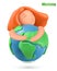 Earth day icon. Little girl hugs the planet. 3d vector object. Handmade plasticine illustration