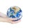 Earth Day, man opens palms holding globe earth on white background. Elements of this image furnished by NASA