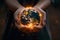 Earth day reflection Hands present globe, symbolizing energy consumption awareness at night