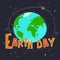 Earth day. Vector illustration with cartoon planet, inscription, stars, decor elements, dots, lines on a dark neutral background.