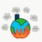 Earth with flame and smoke on white background, illustrator cartoon. Global warming and group of toxic gas from factory,