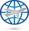 Earth globe and airplane, transportation and travel logo