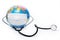 Earth globe with antiviral surgical protective face mask and stethoscope on white background. Protect planet concept.