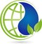 Earth globe with drops and leaves, ecology and earth logo