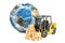 Earth Globe with forklift truck and parcels. Global shipping and