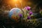 Earth globe in the grass next to a beautiful purple flowers close up. Awakening of the planet and the first spring flowers