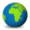 Earth globe with green world map and blue seas and oceans focused on Africa. With thin white meridians and parallels. 3D