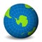 Earth globe with green world map and blue seas and oceans focused on Antarctica with South Pole. With thin white