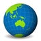 Earth globe with green world map and blue seas and oceans focused on Australia. With thin white meridians and parallels