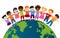 Earth globe with group of multiethnic and diverse children standing together and embracing each other. Diversity and culture. Unit