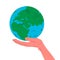 Earth globe in a hand. Vector concept illustration of blue and green earth planet globe in a humans hand carefully holding it.