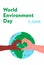 Earth globe with love sign hands. Vector concept illustration of blue and green earth planet globe and two human hands making a
