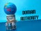 Earth globe and miniature people with text DOMAIN AUTHORITY on a blue background