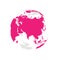 Earth globe with pink world map. Focused on Asia. Flat vector illustration