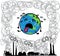 Earth globe suffering under global warming melting away in midst of carbon dioxide - hand drawn  cartoon