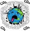 Earth globe suffering under global warming melting away in midst of carbon dioxide - hand drawn vector cartoon