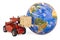 Earth Globe with telescopic handler truck and parcel. Global shipping and delivery concept, 3D rendering