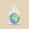 Earth globe in transparent plastic bag. Plastic pollution problem concept. Vector illustration.