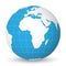 Earth globe with white world map and blue seas and oceans focused on Africa. With thin white meridians and parallels. 3D