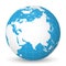 Earth globe with white world map and blue seas and oceans focused on Asia. With thin white meridians and parallels. 3D