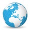 Earth globe with white world map and blue seas and oceans focused on Europe. With thin white meridians and parallels. 3D