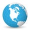 Earth globe with white world map and blue seas and oceans focused on North America. With thin white meridians and