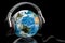 Earth Globe with wireless headphones, world music concept. 3D re