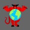 Earth in hands of demon. Devil holds planet. beginning of apocalypse. Satan and world