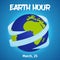 Earth hour background with ribbon around globe in cartoon style. Vector illustration for you design, card, banner