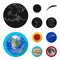 Earth, Jupiter, the Sun of the Planet of the Solar System. Asteroid, meteorite. Planets set collection icons in black