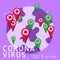 Earth map and geo position icon with the image of a covid-19 virus molecule.