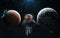 Earth and Mars. Solar system. Astronaut on background of the planets. Elements of the image were furnished by NASA