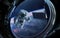 Earth planet and astronaut in space ship window porthole. Elements of this image furnished by NASA