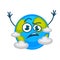 Earth planet cartoon vector character sad or angry in clouds with raised hands